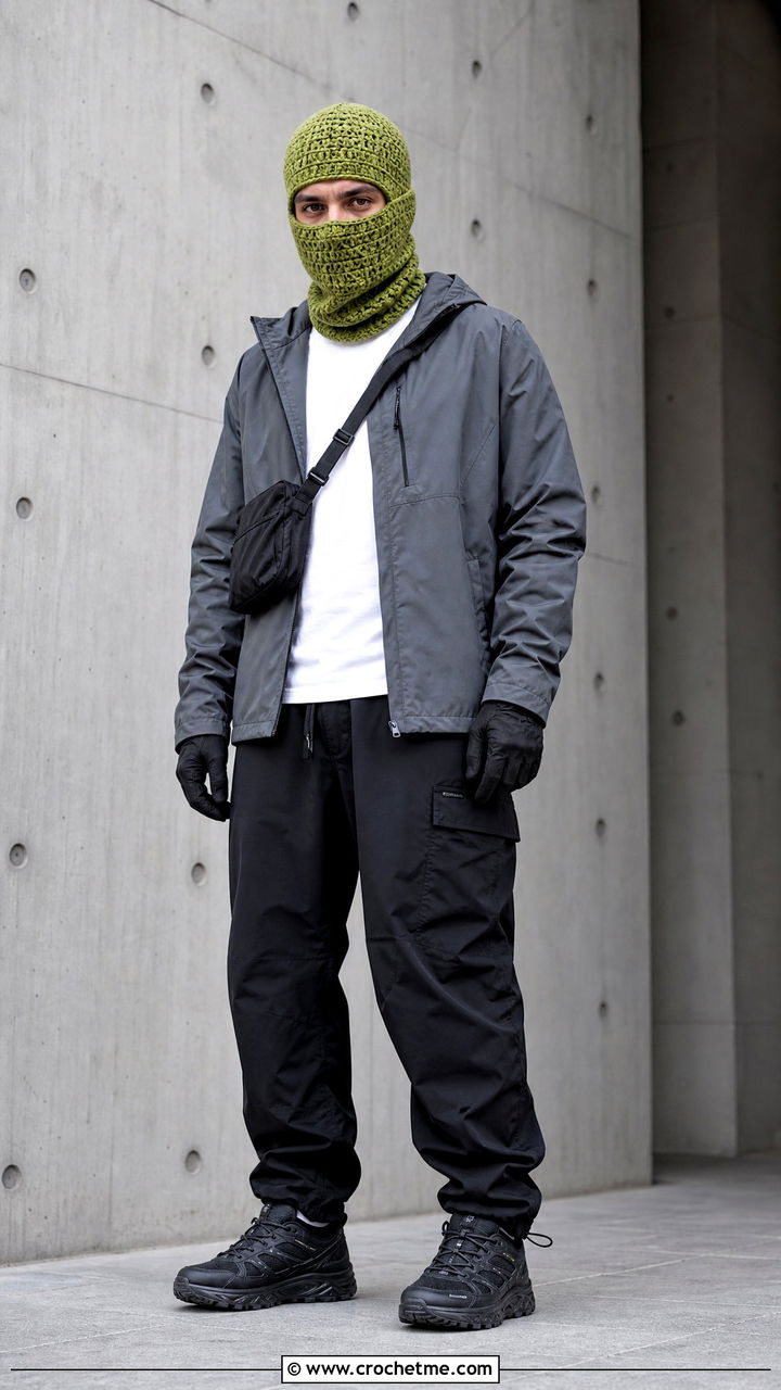 Crochet Balaclava Hat With Technical Jacket And Utility Pants - 35 crochet hat men outfit ideas