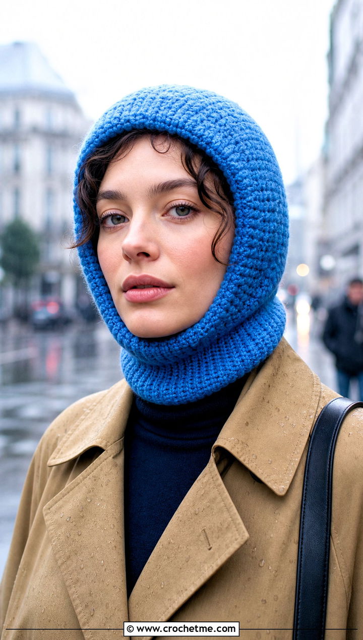 Crochet Balaclava Hat With Trench Coat - 30 winter crochet hats outfit ideas