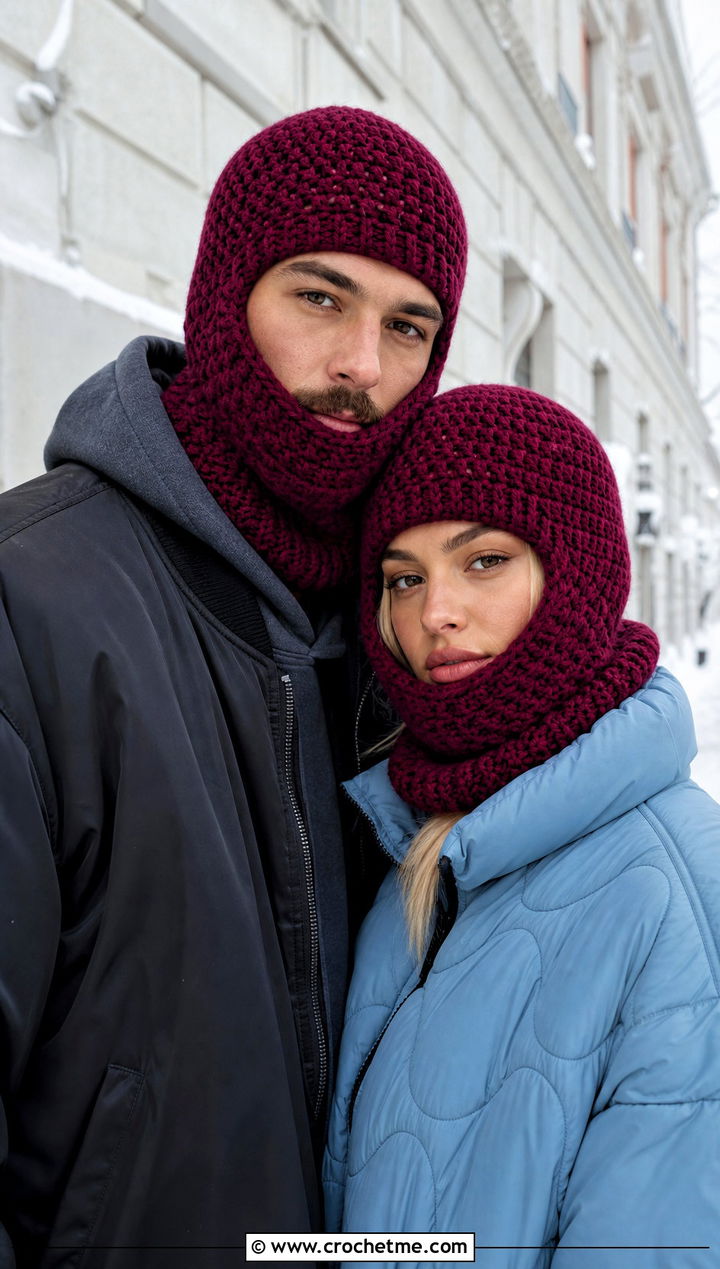 Crochet Balaclava Hats With Layered Winter Outfits - 15 Couples Crochet Hats outfit ideas