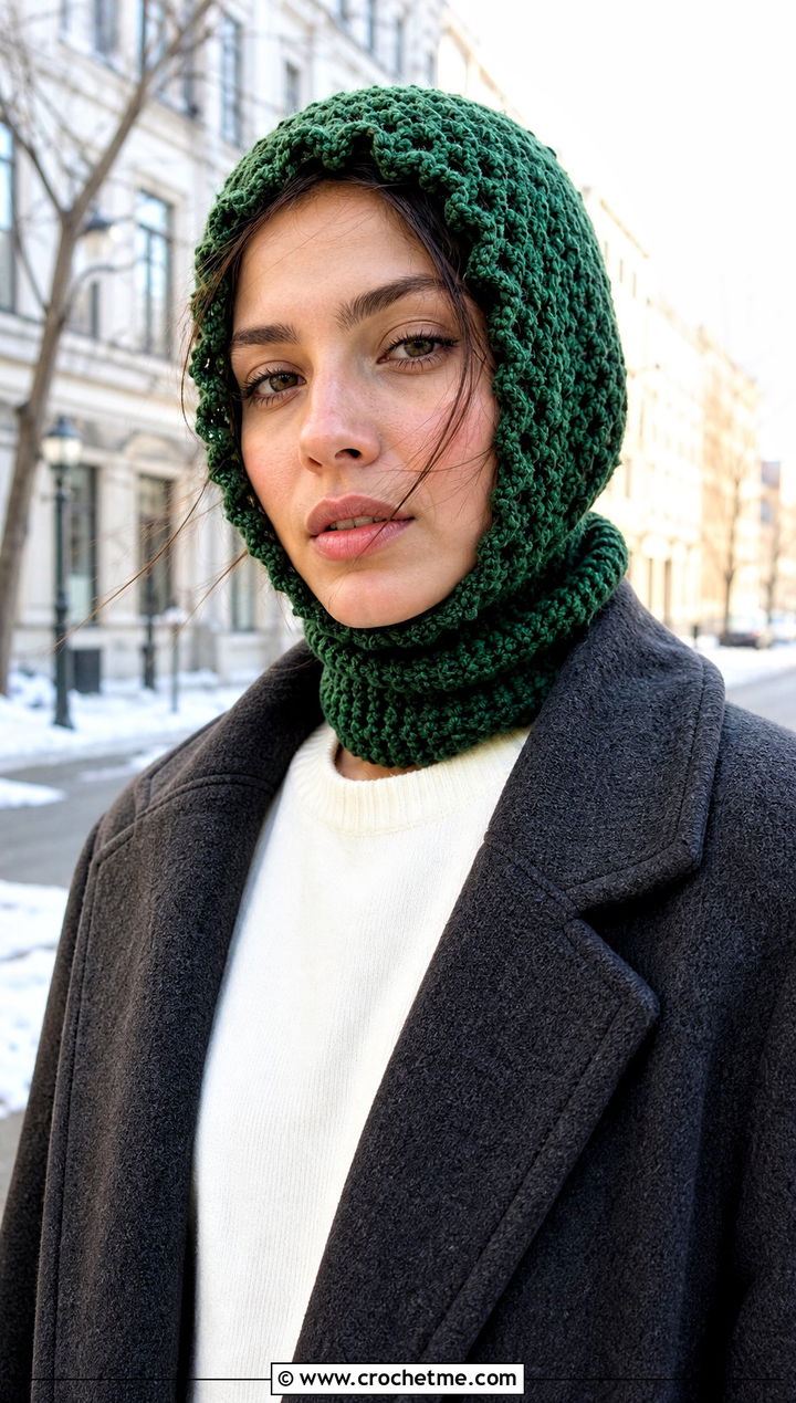 Crochet Balaclava Hood With Wool Coat And Jeans - 25 easy crocheted hats outfit ideas