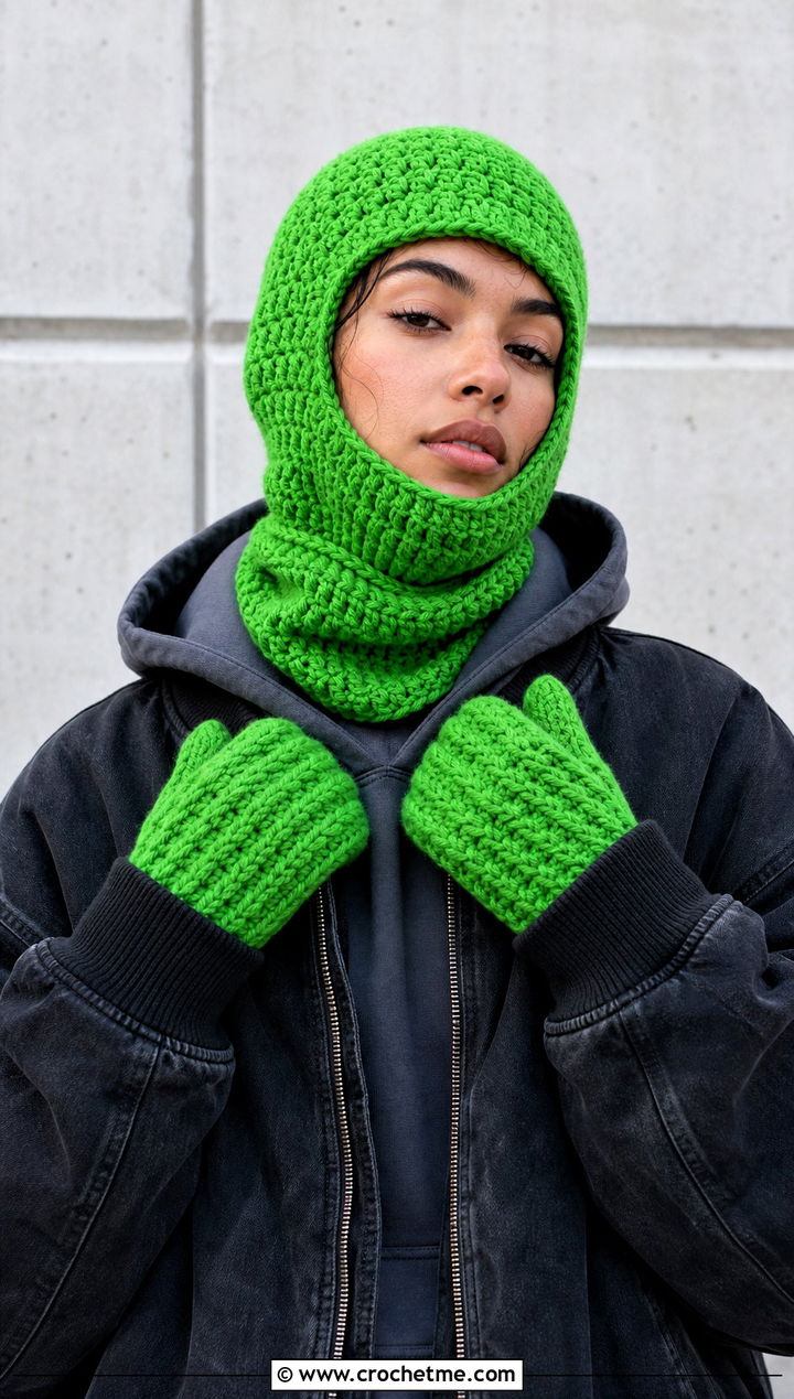 Crochet Balaclava Neck Warmer And Mittens With Bomber Jacket - 25 crochet hat scarf gloves set outfit ideas