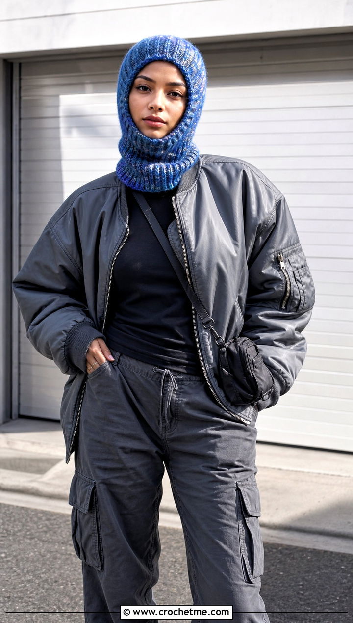 Crochet Balaclava Scarf With Oversized Bomber Jacket - 25 crochet hat scarf outfit ideas