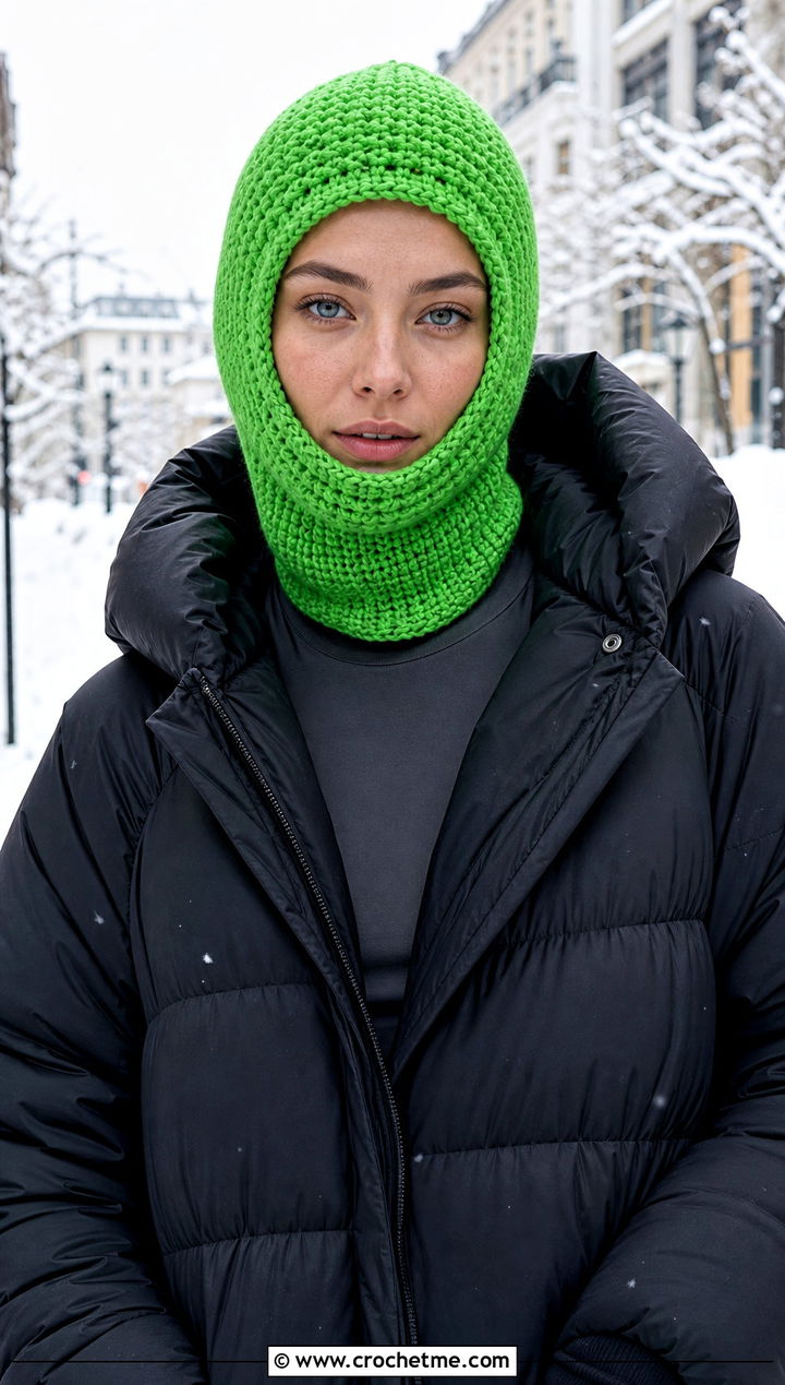 Crochet Balaclava With Puffer Coat - 30 hats to crochet outfit ideas
