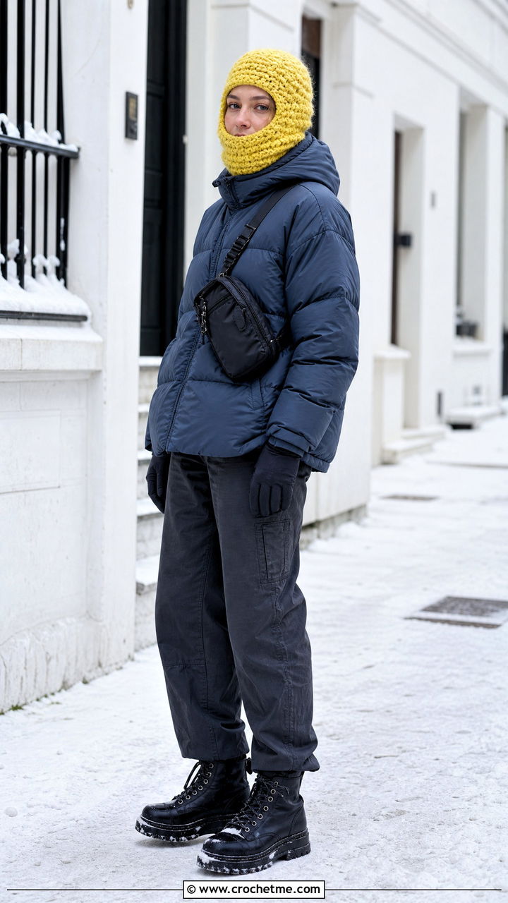 Crochet Balaclava With Puffer Jacket - 35 crochet winter clothes and outfit ideas