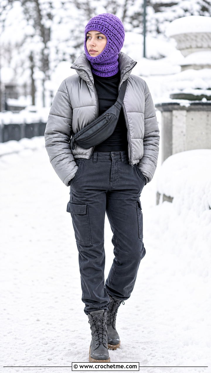 Crochet Balaclava With Puffer Jacket - 35 easy crochet hat for women outfit ideas