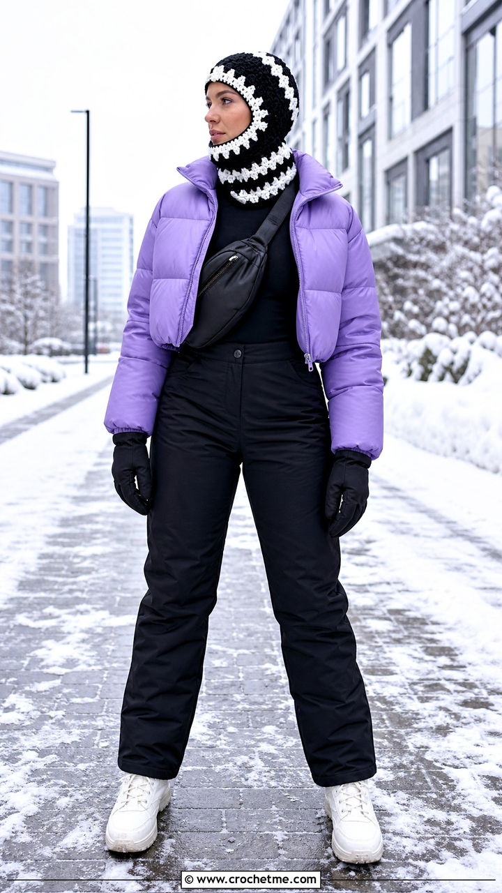 Crochet Balaclava With Puffer Jacket - 35 black and white crochet hat outfit ideas
