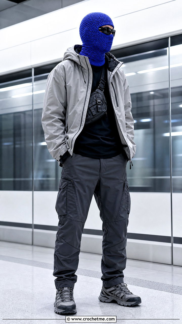 Crochet Balaclava With Shell Jacket And Technical Cargo Pants - 35 crochet hat for men outfit ideas