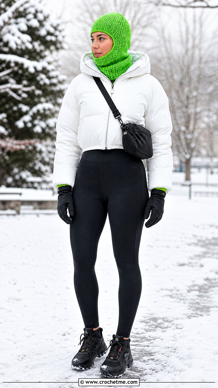Crochet Balaclava With Technical Puffer And Leggings - 35 crochet winter hat outfit ideas