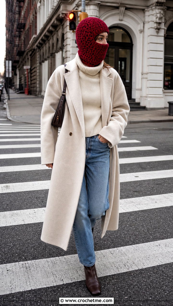 Crochet Balaclava With a Wool Coat - 35 Crochet Winter Outfits ideas