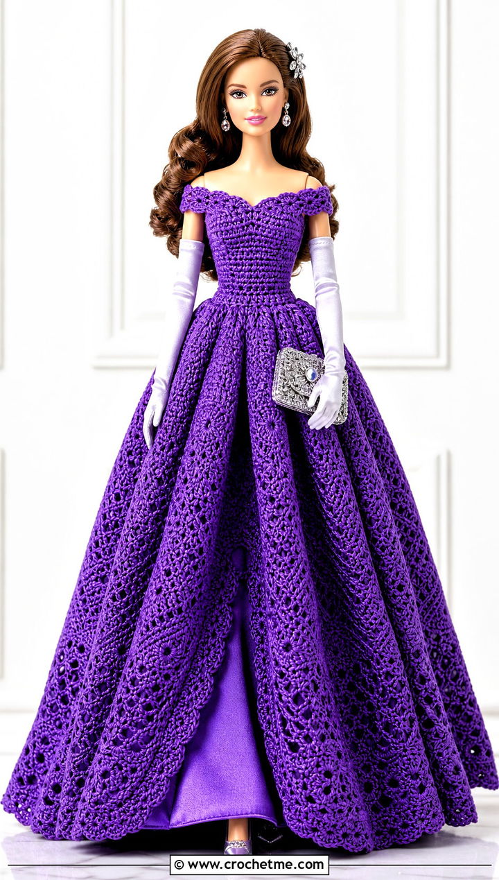 Crochet Ball Gown With Satin Gloves - 25 Dolls Crochet Clothes and outfit ideas