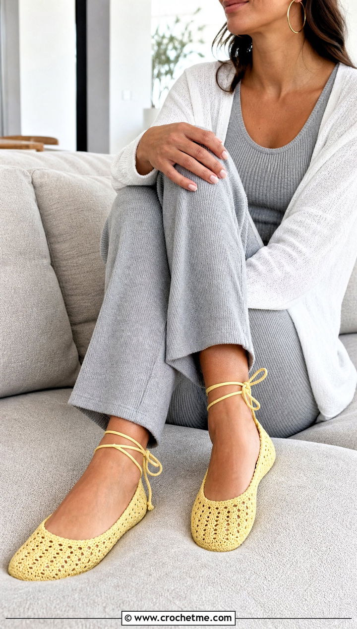 Crochet Ballet Slippers With A Ribbed Lounge Set - 35 easy crochet slippers outfit ideas
