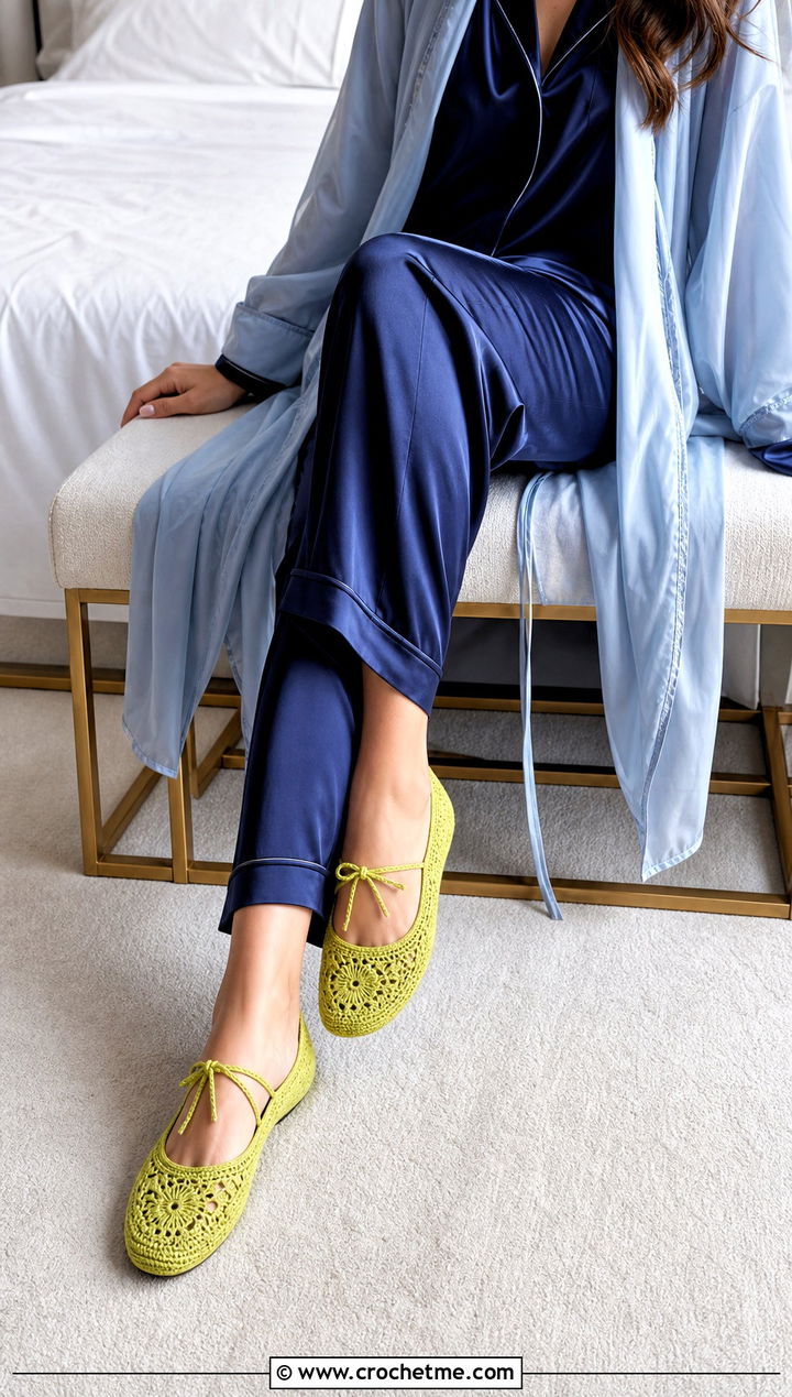 Crochet Ballet Slippers With Satin Pajamas - 25 crochet winter slippers outfit ideas