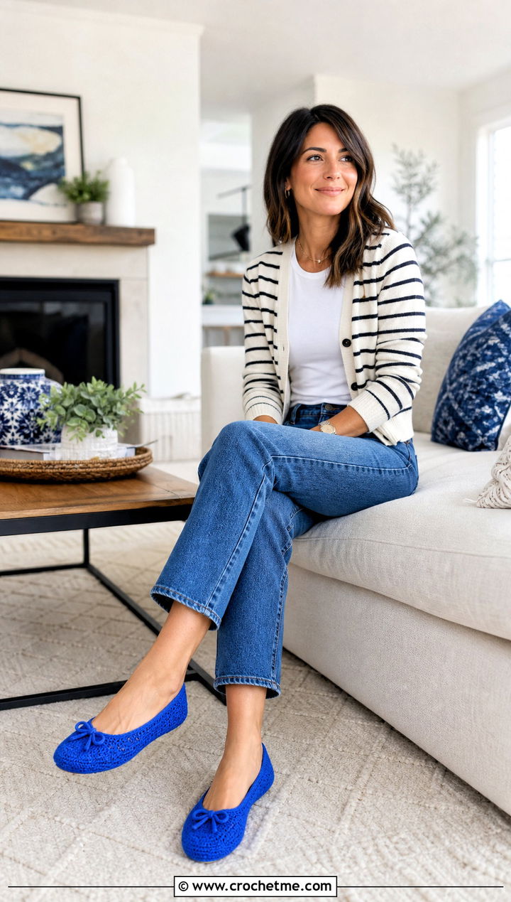 Crochet Ballet Slippers With Straight Leg Jeans - 25 simple crochet slippers outfit ideas