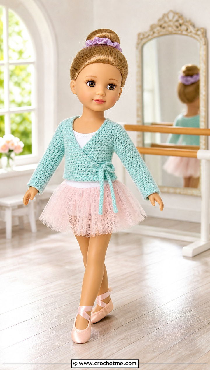 Crochet Ballet Wrap Cardigan With Tulle Skirt - 15 Crochet 5 Inch Doll Clothes and outfit ideas