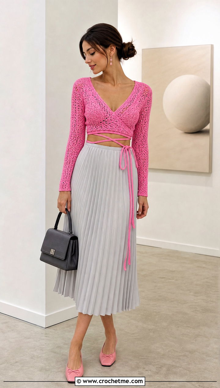 Crochet Ballet Wrap Top With Pleated Midi Skirt - 30 crochet wrap around top outfit ideas