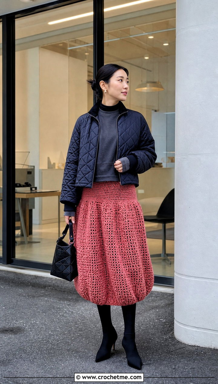 Crochet Balloon Midi Skirt With Cropped Sweatshirt - 35 crochet winter skirt outfit ideas