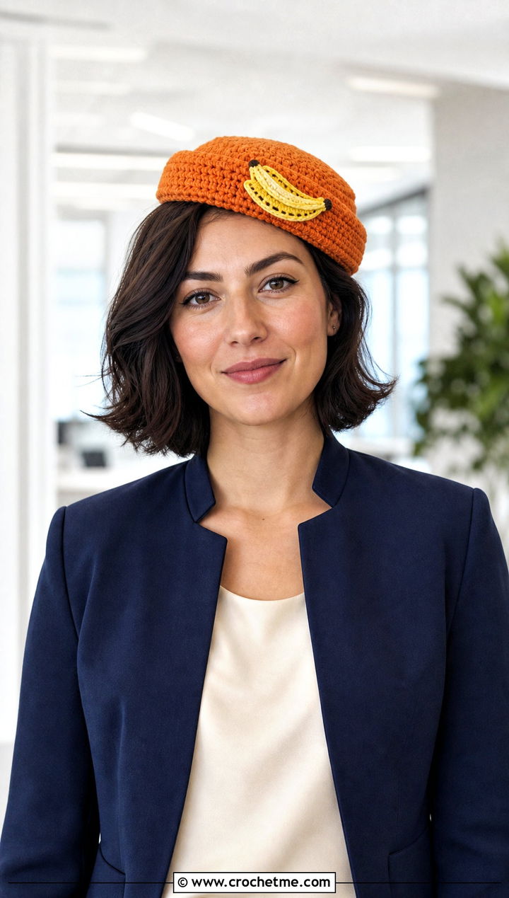Crochet Banana Applique Hat With Office Outfit - 30 crochet banana hat outfit ideas