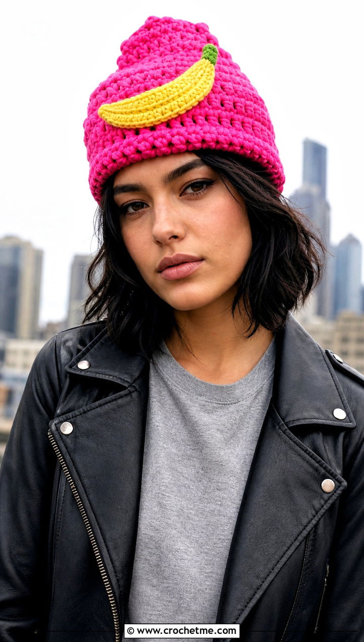 Crochet Banana Beanie With Leather Jacket - 30 crochet banana hat outfit ideas