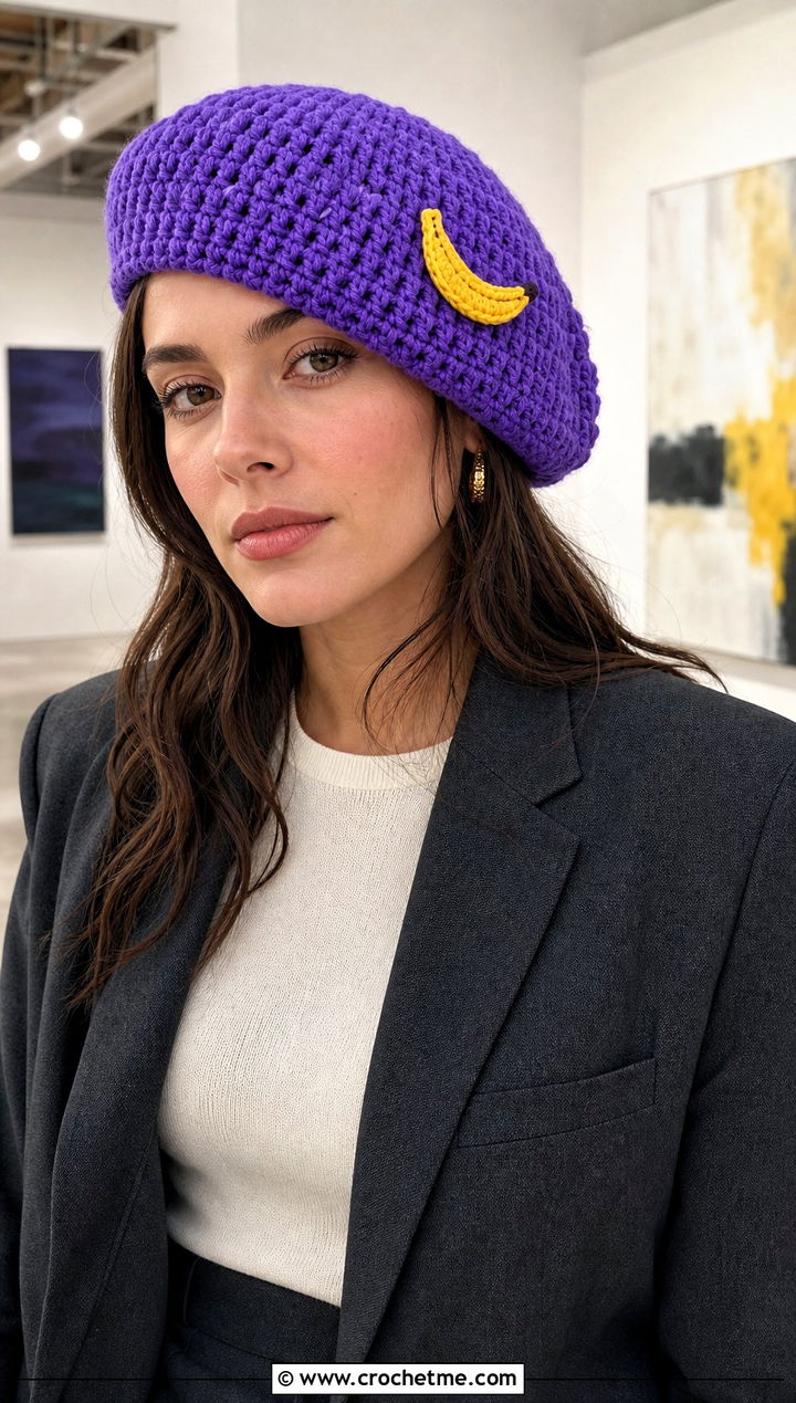 Crochet Banana Beret With Blazer And Trousers - 30 crochet banana hat outfit ideas
