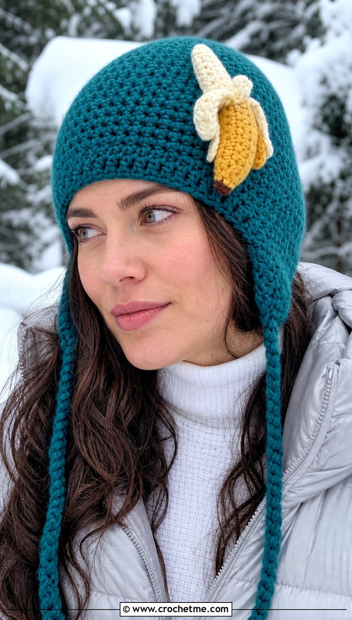 Crochet Banana Earflap Hat With Puffer Coat - 30 crochet banana hat outfit ideas