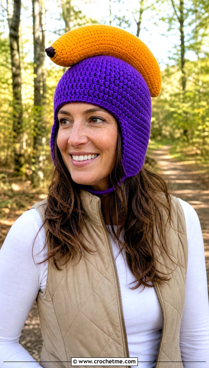 Crochet Banana Helmet Hat With Quilted Vest - 30 crochet banana hat outfit ideas