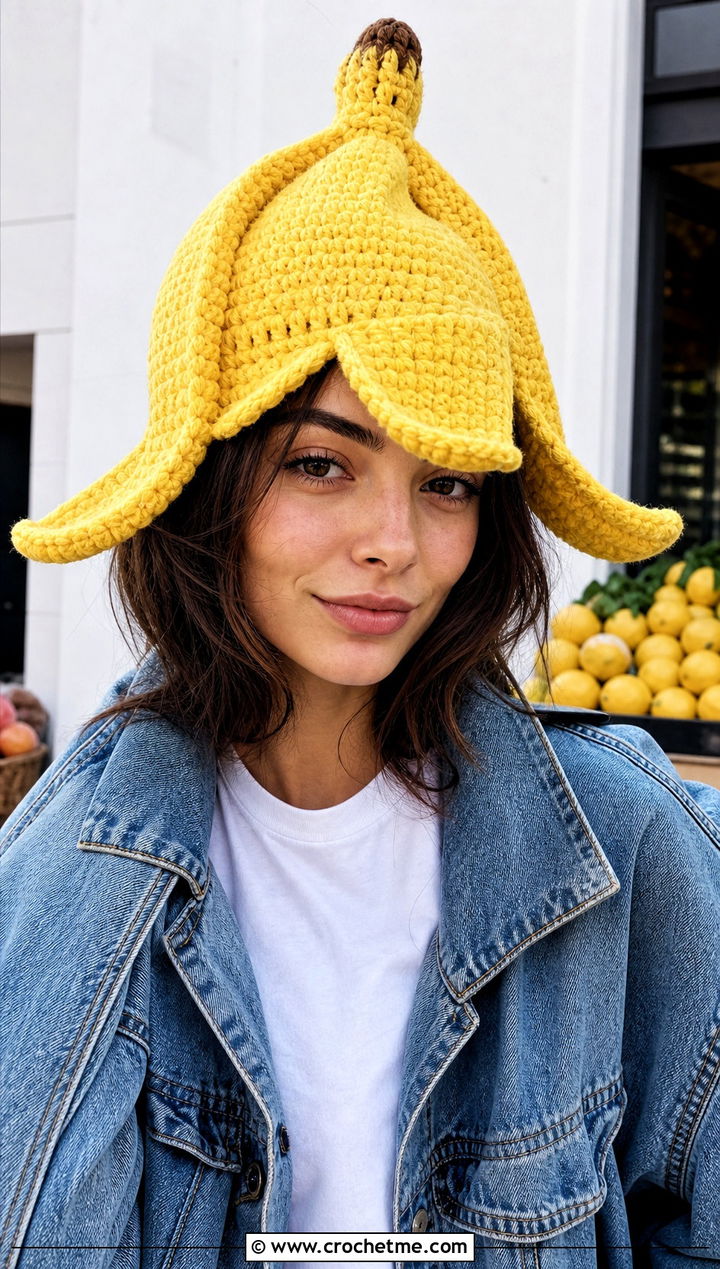 Crochet Banana Peel Hat With Denim Jacket - 30 crochet banana hat outfit ideas
