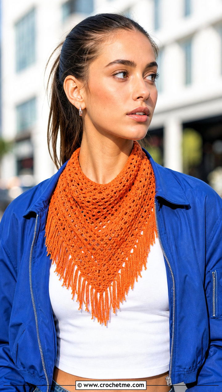 Crochet Bandana Fringe Scarf With Bomber Jacket - 25 Crochet Scarf Fringe Ideas