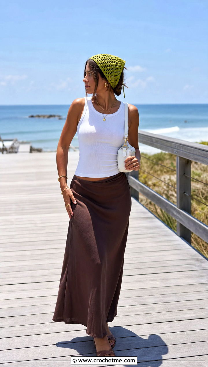 Crochet Bandana Hair Wrap With Tank Top And Maxi Skirt - 35 crochet hair wrap outfit ideas