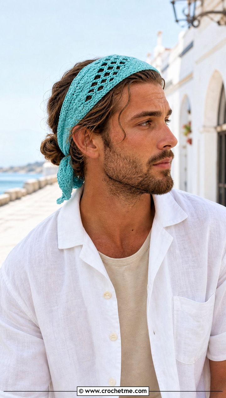 Crochet Bandana Headband With Linen Shirt And Shorts - 15 Crochet Headband For Men outfit ideas