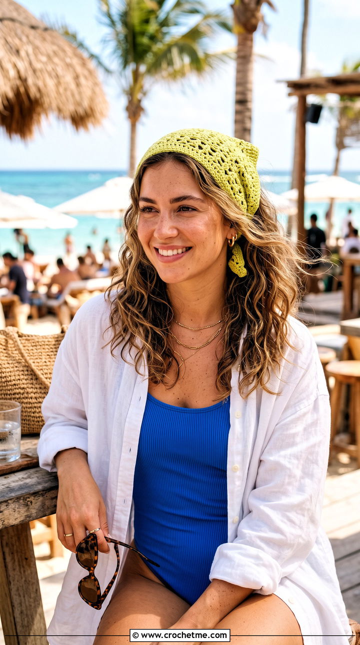 Crochet Bandana Headband With Swimsuit And Oversized Shirt - 30 crochet hair headband outfit ideas