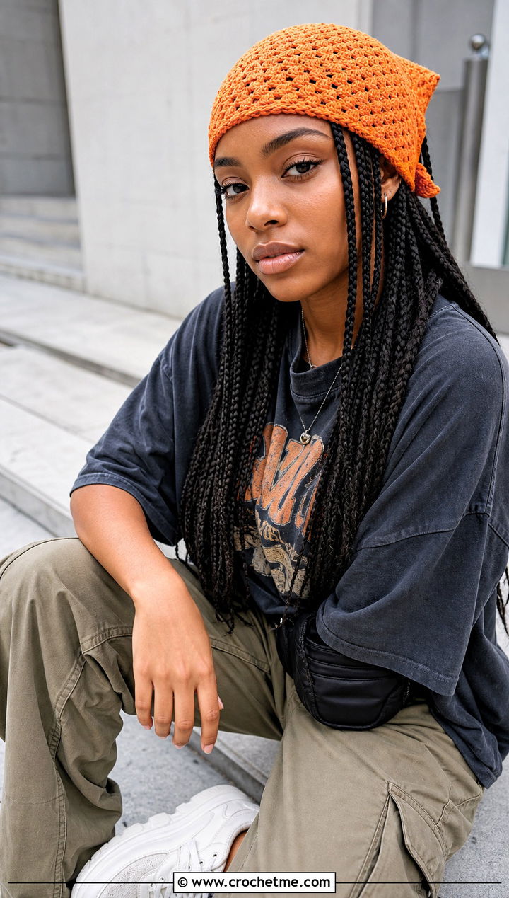 Crochet Bandana Headwrap With Graphic Tee And Cargo Pants - 35 crochet headwrap outfit ideas
