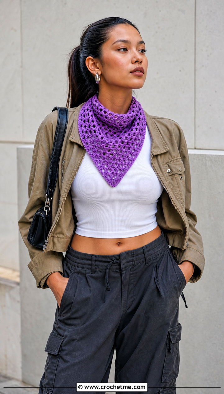 Crochet Bandana Mini Scarf With Cargo Pants - 30 mini crochet scarf outfit ideas