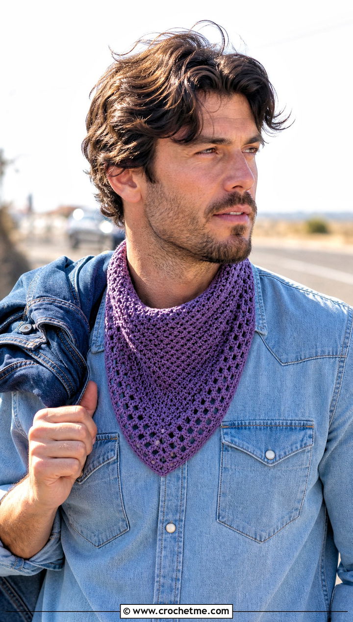 Crochet Bandana Scarf With Double Denim Outfit - 30 easy crochet scarf men outfit ideas