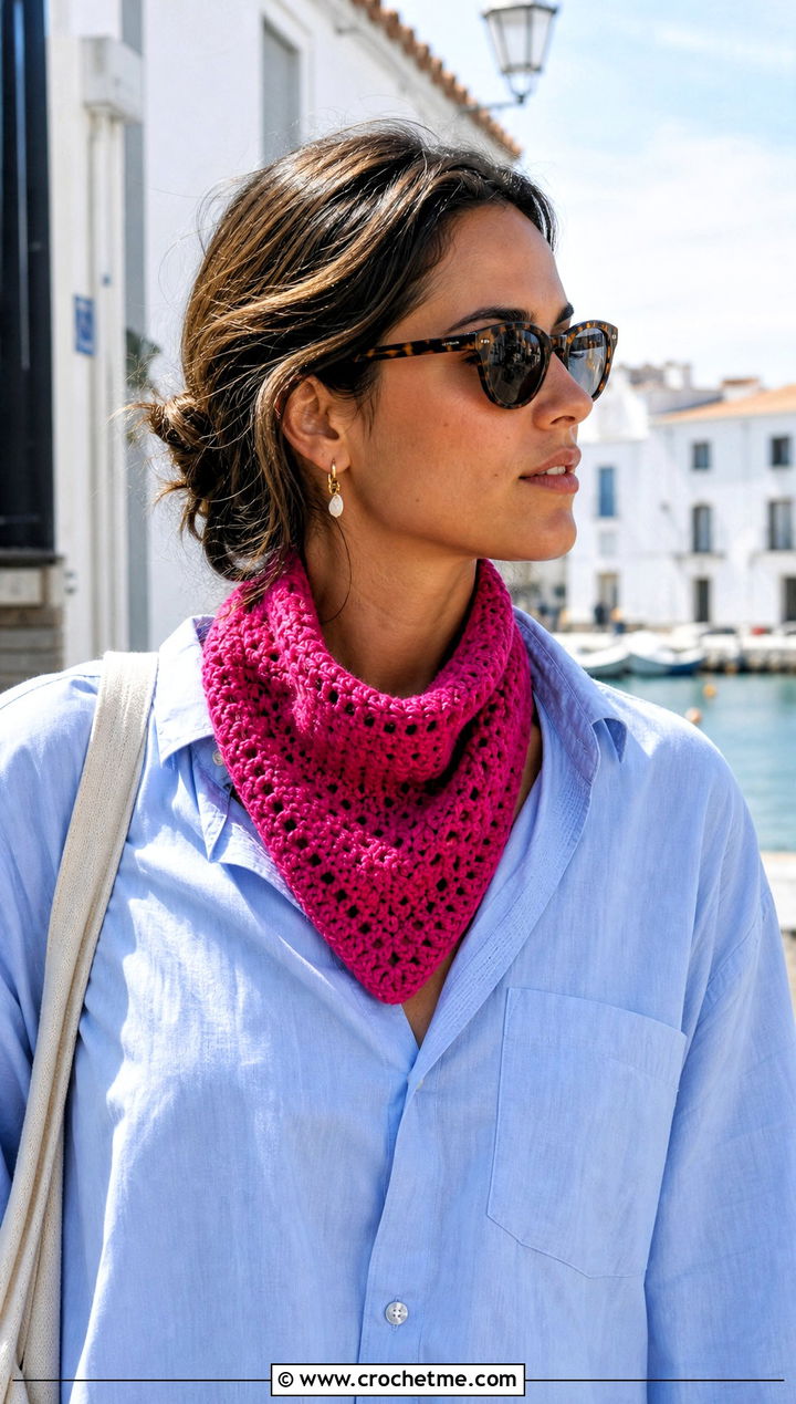 Crochet Bandana Scarf With Oversized Shirt - 25 Multifunctional Crochet Scarf outfit ideas