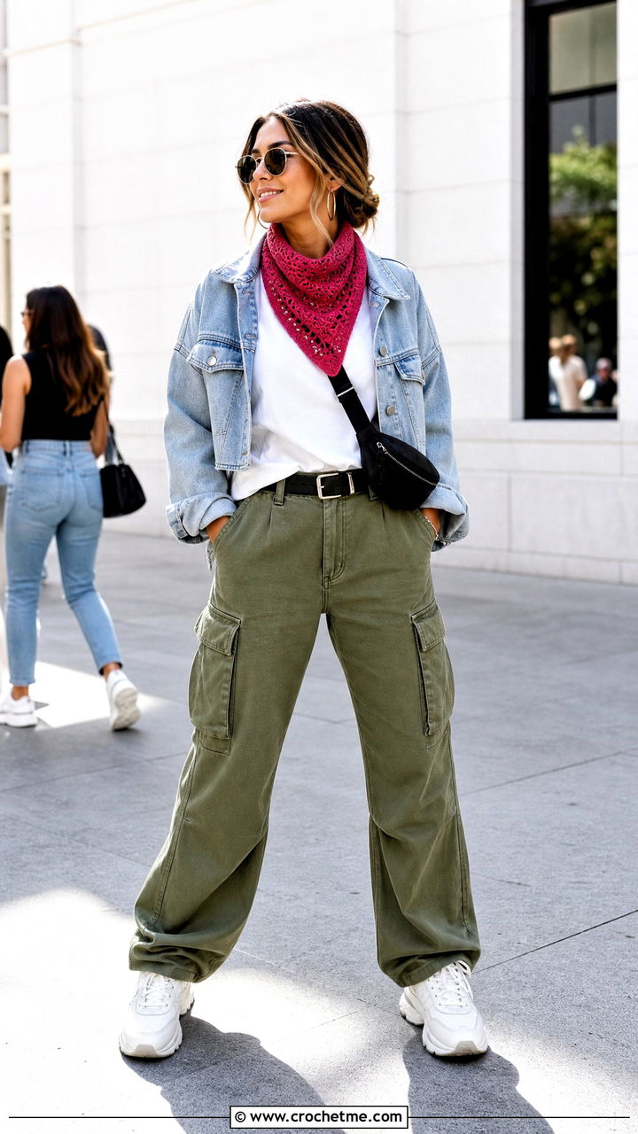 Crochet Bandana Scarf With T Shirt And Cargo Pants - 35 beginner crochet scarf outfit ideas