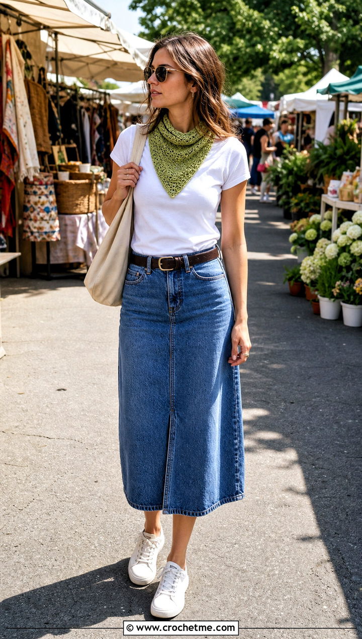 Crochet Bandana Scarf With T Shirt And Denim Skirt - 35 easy crochet scarf for beginners outfit ideas