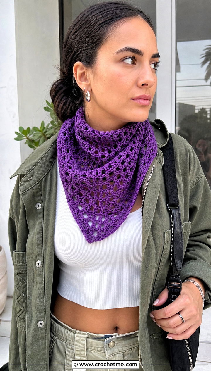 Crochet Bandana Scarf With Utility Jacket And Cargo Pants - 15 Small Neck Crochet Scarf outfit ideas