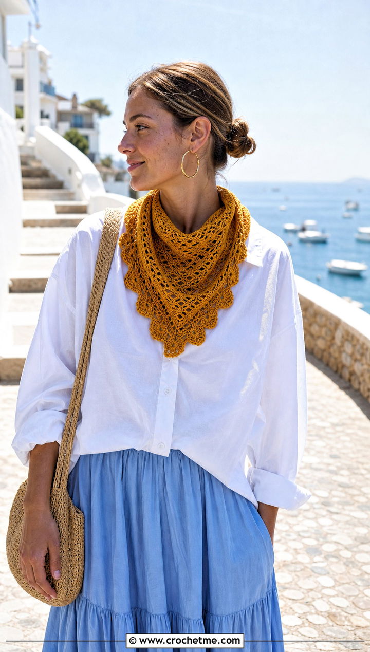 Crochet Bandana Scarf With White Shirt - 20 Crochet Textured Scarf outfit ideas