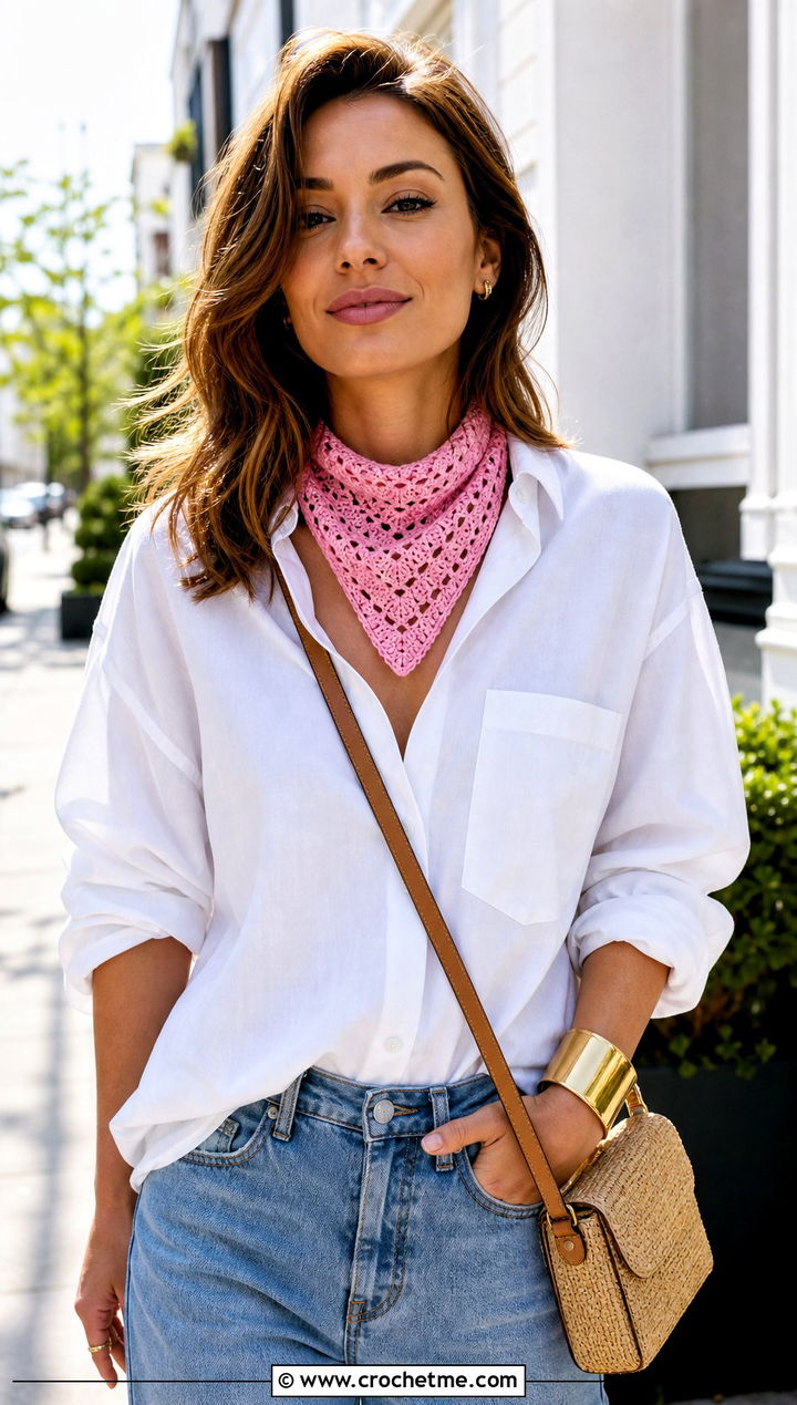 Crochet Bandana Scarf With White Shirt and Jeans - 25 boho crochet scarf outfit ideas