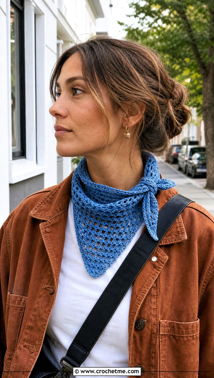 Crochet Bandana Scarf With Work Jacket And Barrel Jeans - 35 fun crochet scarf outfit ideas