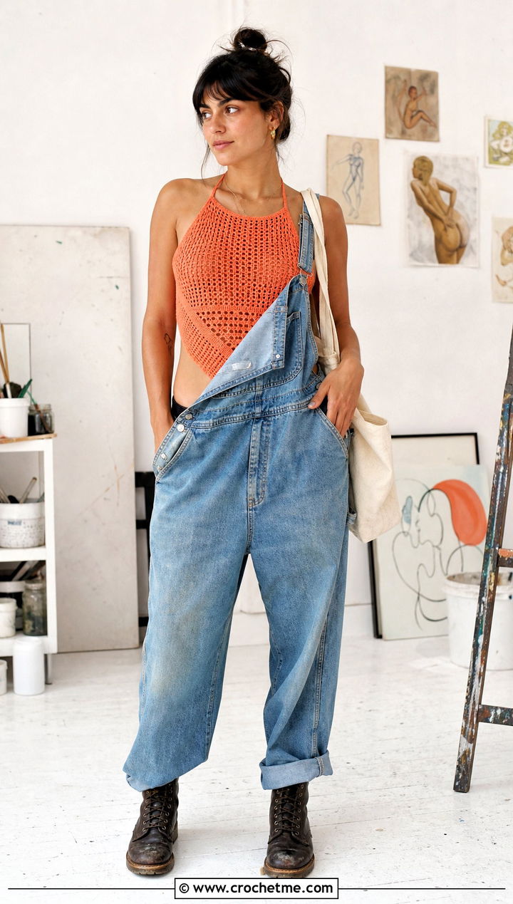 Crochet Bandana Top With Oversized Overalls - 35 grunge crochet top outfit ideas