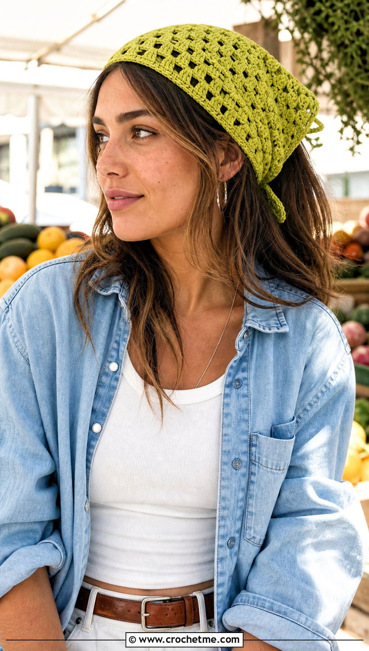 Crochet Bandana With Denim Shirt Outfit - 25 Small Crochet Projects Clothes and outfit ideas