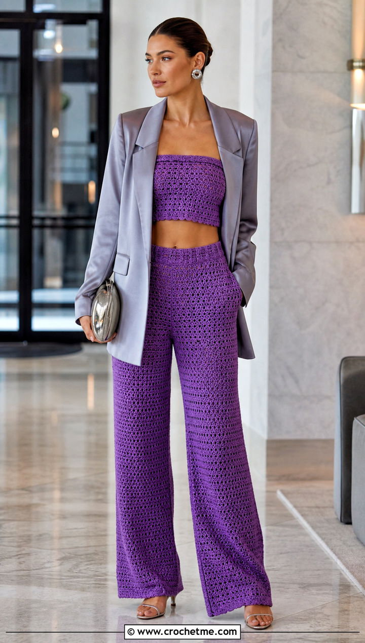 Crochet Bandeau And Palazzo Pants Set - 15 Cute Crochet Two Piece Outfits ideas