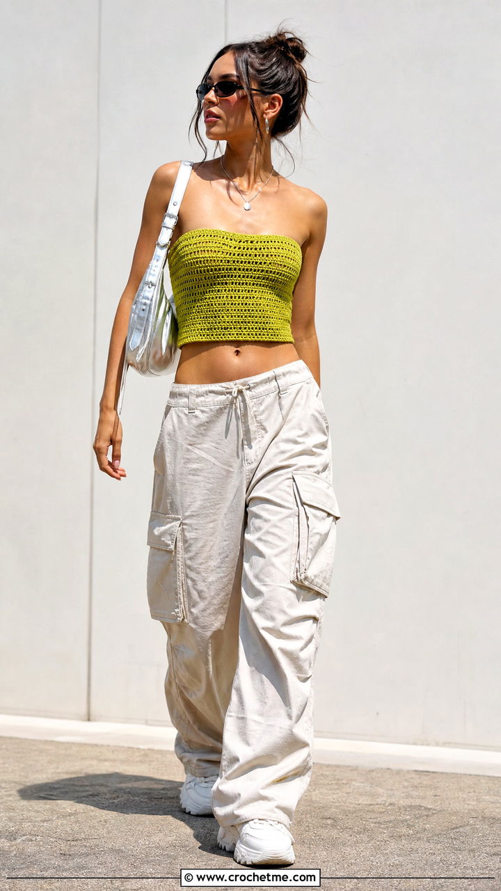 Crochet Bandeau Belly Top With Cargo Pants - 35 Belly Crochet Top outfit ideas