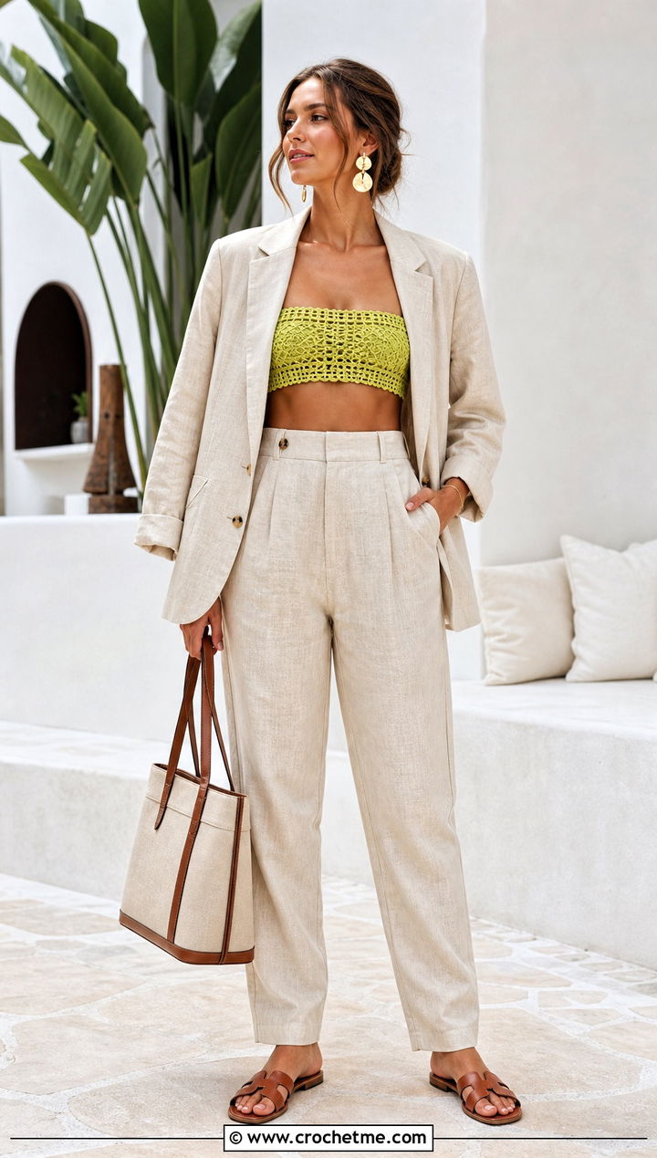 Crochet Bandeau Bralette With Linen Suit - 35 crochet lingerie outfit ideas
