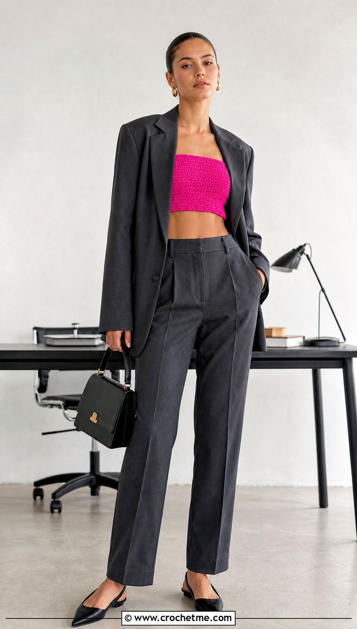 Crochet Bandeau Crop Top With Oversized Blazer - 25 Easy Crochet Crop Top outfit ideas