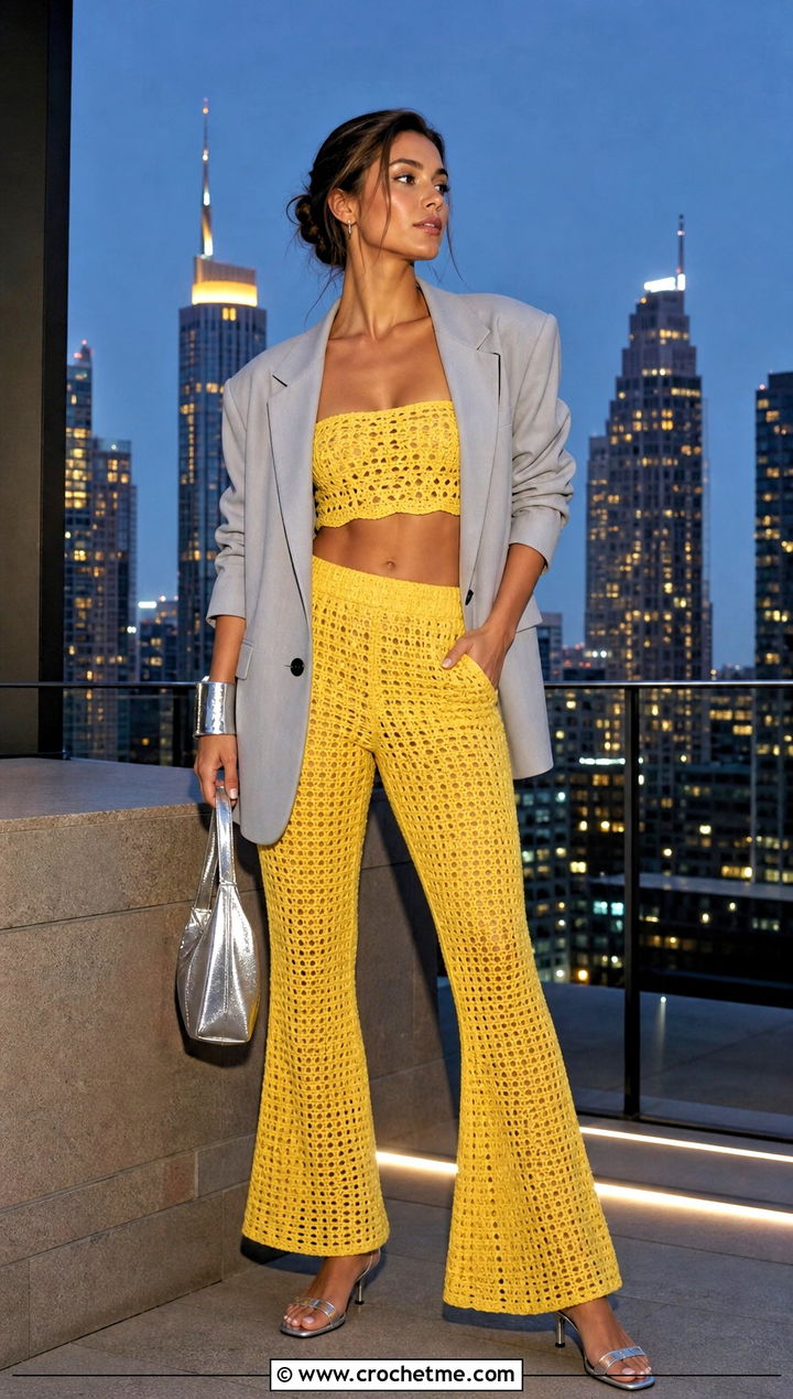 Crochet Bandeau Top And Flare Pants Set - 30 crochet pants set outfit ideas