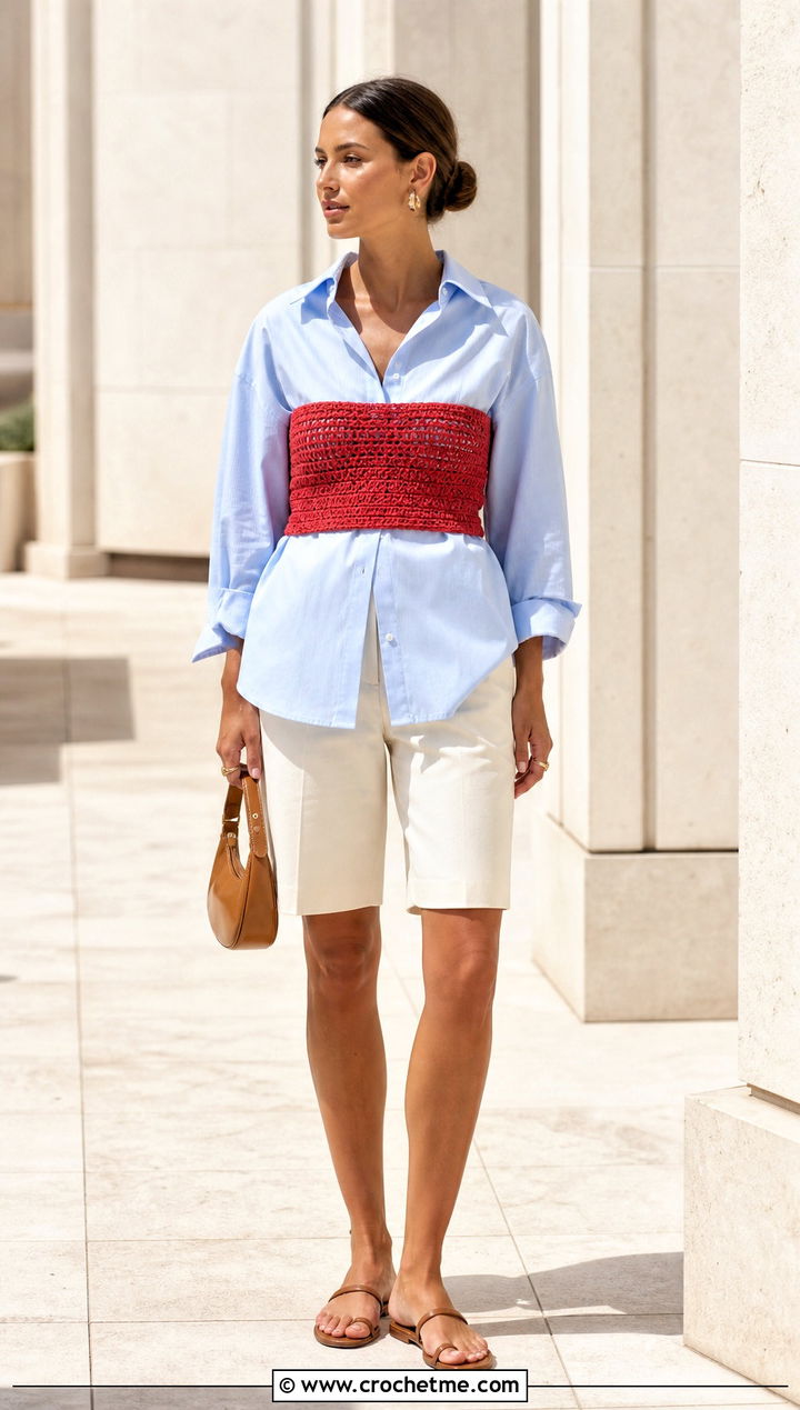 Crochet Bandeau Top Over An Oversized Poplin Shirt - 30 Crochet Top Layering Outfit ideas