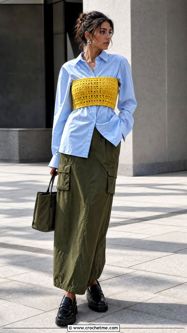 Crochet Bandeau Top Over Poplin Shirt And Cargo Skirt - 35 cute crochet tops outfit ideas