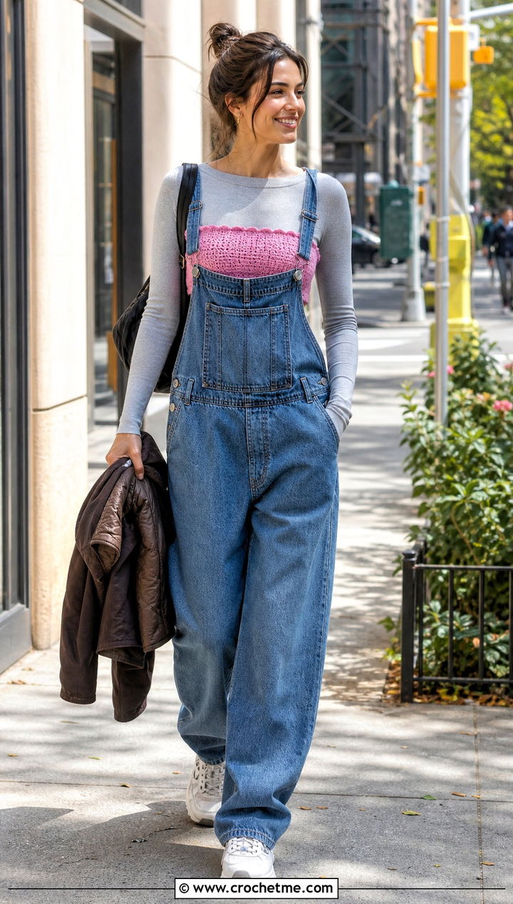 Crochet Bandeau Top With Denim Jumpsuit - 25 Crochet Tops For Fall outfit ideas